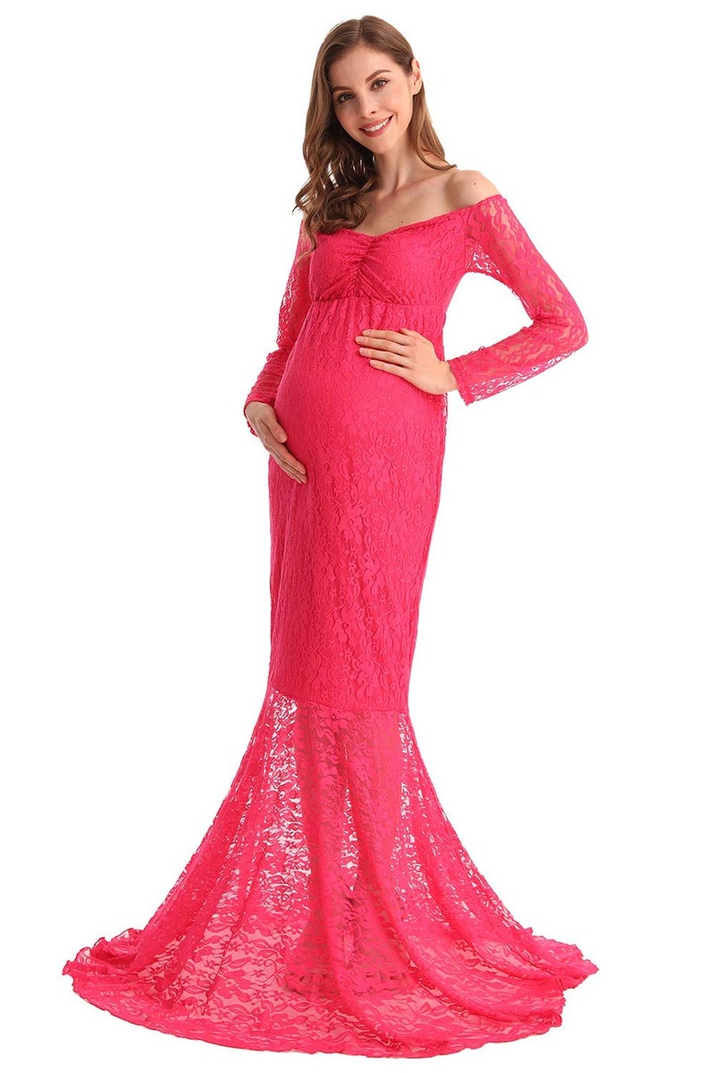 HIHCBF Women Mermaid Maternity Lace Dress V Neck Off Shoulder Slim Fit Bridesmaid Wedding Baby Shower Photo Shoot Gown Hot Pink S - Image 3