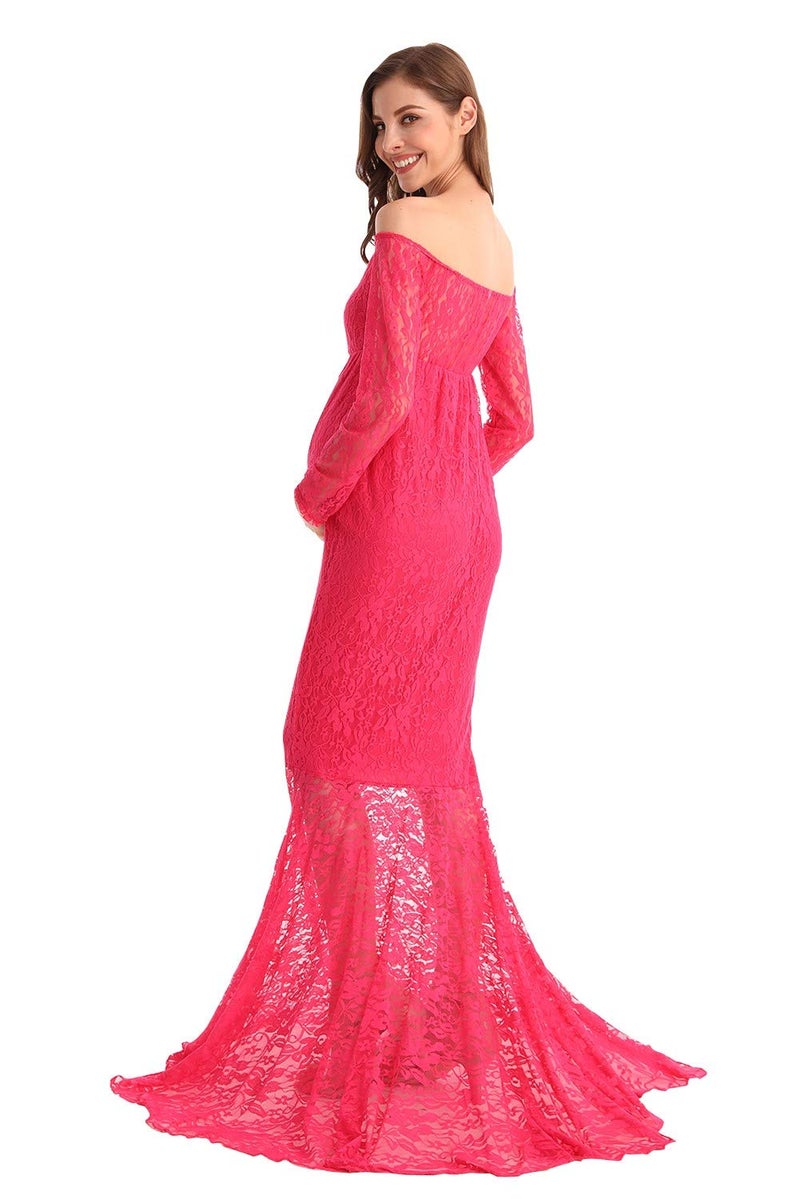 HIHCBF Women Mermaid Maternity Lace Dress V Neck Off Shoulder Slim Fit Bridesmaid Wedding Baby Shower Photo Shoot Gown Hot Pink S - Image 5