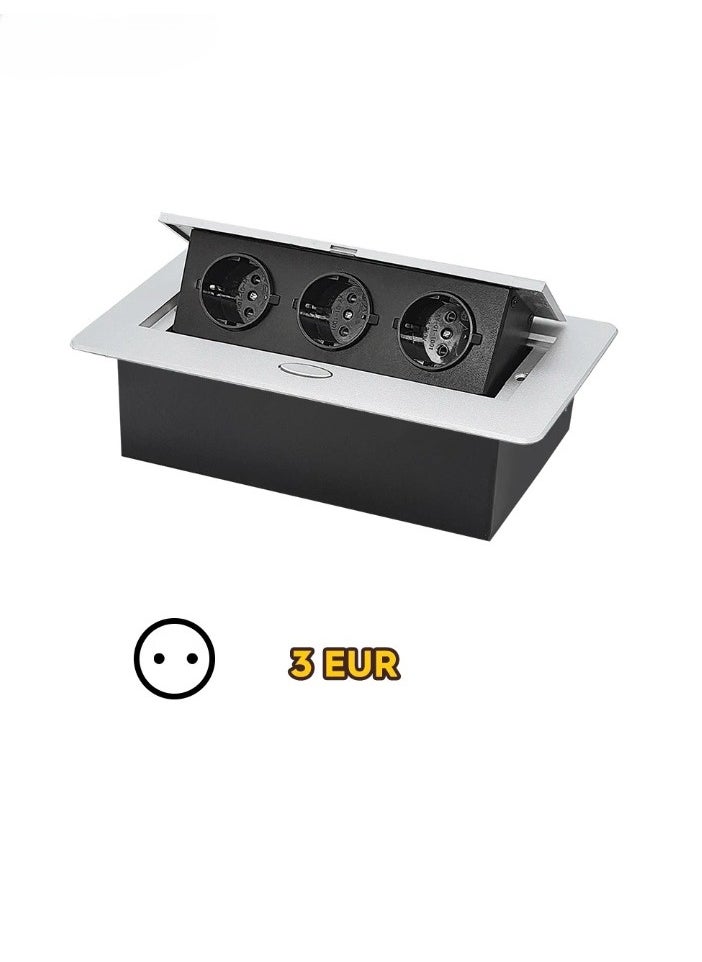 AROAQ Retractable Installation Socket Strip, Strong Durable Built In Three Way Table Socket, Flame Retardant All Aluminum Panel Hidden Type Table Socket, (3 EUR, Silver)  - Image 1