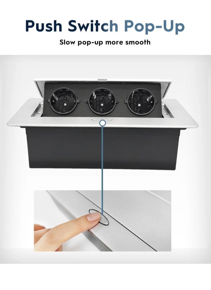 AROAQ Retractable Installation Socket Strip, Strong Durable Built In Three Way Table Socket, Flame Retardant All Aluminum Panel Hidden Type Table Socket, (3 EUR, Silver)  - Image 2