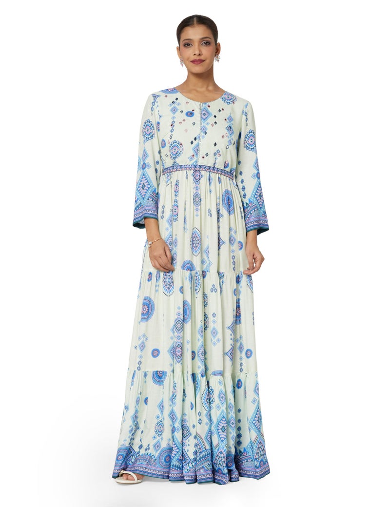 Biba Women Ecru Viscose Rayon Tiered Printed Dress_36 - Image 1