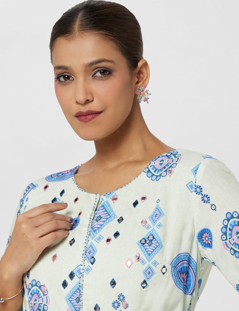 Biba Women Ecru Viscose Rayon Tiered Printed Dress_36 - Image 4