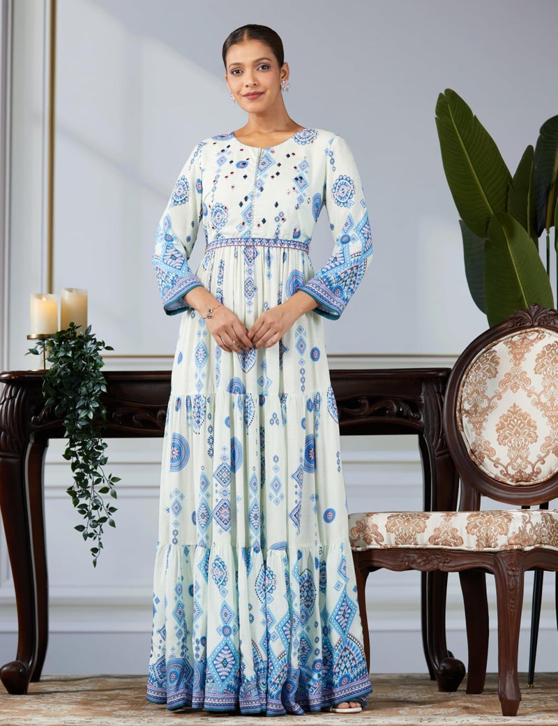 Biba Women Ecru Viscose Rayon Tiered Printed Dress_36 - Image 2