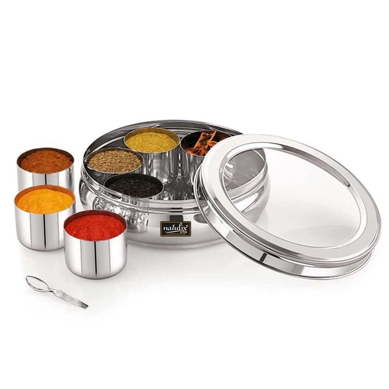 NATULIX Stainless Steel Masala box for Kitchen | Spice Box for for Kitchen | Masala Dabba with See Through Lid with 7 Containers and Small Spoon | Silver (2.5 Ltr | X-Large) - Image 1