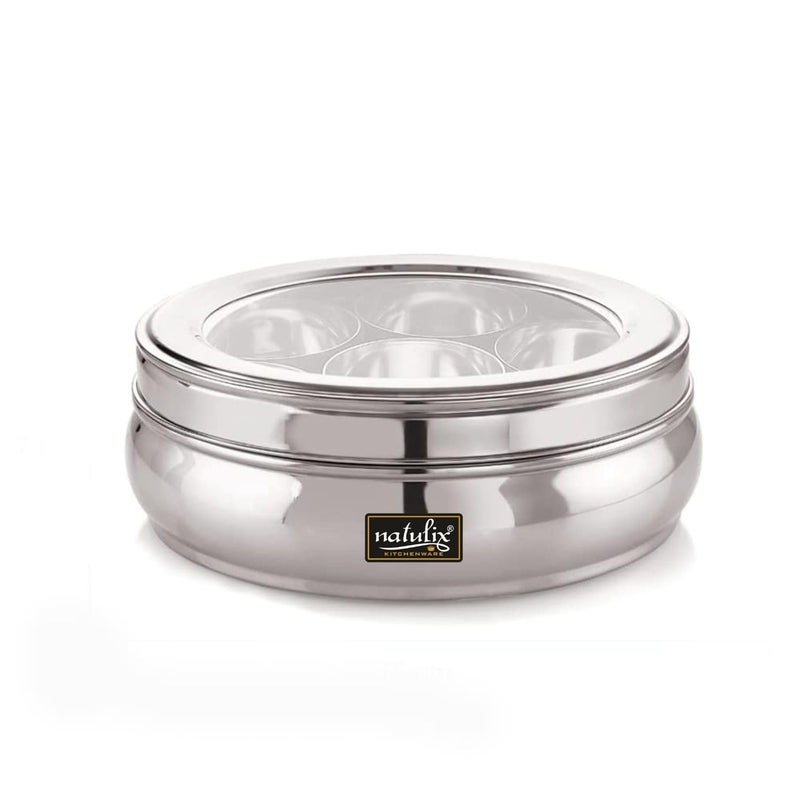 NATULIX Stainless Steel Masala box for Kitchen | Spice Box for for Kitchen | Masala Dabba with See Through Lid with 7 Containers and Small Spoon | Silver (2.5 Ltr | X-Large) - Image 2