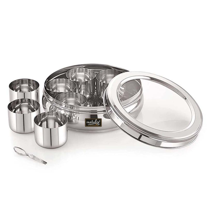 NATULIX Stainless Steel Masala box for Kitchen | Spice Box for for Kitchen | Masala Dabba with See Through Lid with 7 Containers and Small Spoon | Silver (2.5 Ltr | X-Large) - Image 5