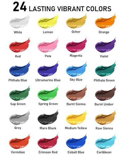 Nicpro مجموعة ألوان الأكريليك من نيكبرو، 24 لون مع 12 فرشاة ولوحة، مجموعة أدوات فنية غير سامة للرسم على القماش، واللوحات، والطين، والخشب، والصخور، والسيراميك، اليقطين الهالوين، ألوان غنية للمبتدئين، والطلاب، والفنانين المحترفين (60 مل، 2 أونصة) - Image 3
