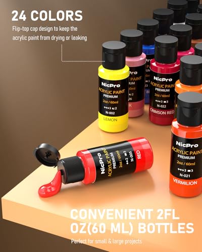 Nicpro مجموعة ألوان الأكريليك من نيكبرو، 24 لون مع 12 فرشاة ولوحة، مجموعة أدوات فنية غير سامة للرسم على القماش، واللوحات، والطين، والخشب، والصخور، والسيراميك، اليقطين الهالوين، ألوان غنية للمبتدئين، والطلاب، والفنانين المحترفين (60 مل، 2 أونصة) - Image 2