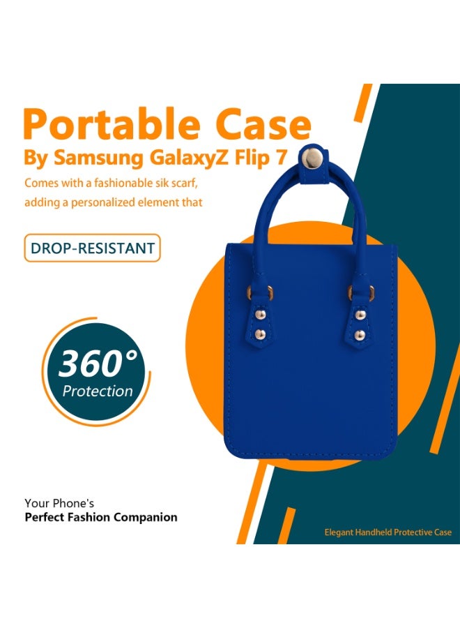 XIMAND حافظة هاتف Ximand لـ Samsung Galaxy Z Flip 7، حافظة جلدية لطيفة على شكل محفظة مع حزام يدوي، غطاء واقي بأسلوب الحقيبة الصغيرة مع وشاح حريري وفتحة بطاقة – أزرق داكن - Image 2