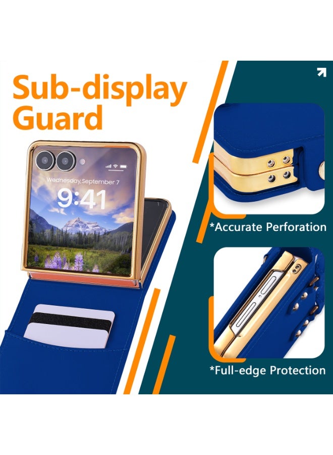 XIMAND حافظة هاتف Ximand لـ Samsung Galaxy Z Flip 7، حافظة جلدية لطيفة على شكل محفظة مع حزام يدوي، غطاء واقي بأسلوب الحقيبة الصغيرة مع وشاح حريري وفتحة بطاقة – أزرق داكن - Image 4