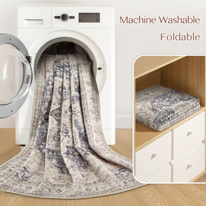Tortania Area Rug Living Room Rugs - 8x10 Washable Boho Rug Vintage Oriental Distressed Farmhouse Large Thin Indoor Carpet for Living Room Bedroom Under Dining Table Home Office - Cream Blue - Image 5