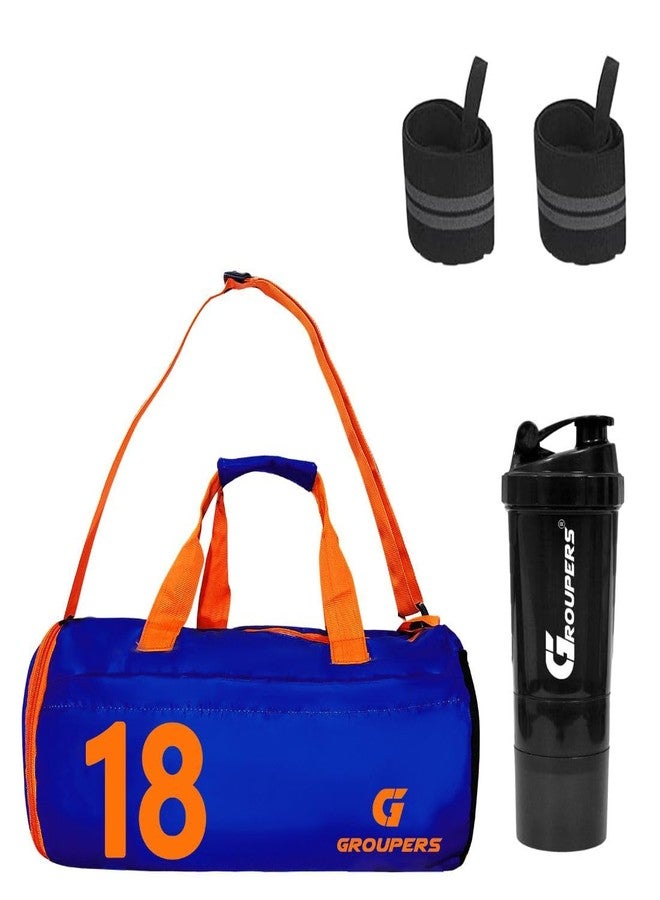 Groupers Gym Bag Combo - Blue 20-25L Duffle (43×25×23 cm) with Shoe Pocket + Weightlifting Wrist Wraps, Wrist Band & 500ml Leak-Proof Shaker - Image 1