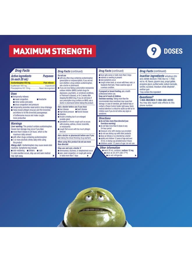 MUCINEX Severe Congestion & Pain Relief, Sinus-Max Max Strength, 6oz Clears Sinus & Nasal Congestion, Relieves Headache & Fever, Thins & Loosens Mucus - Image 2