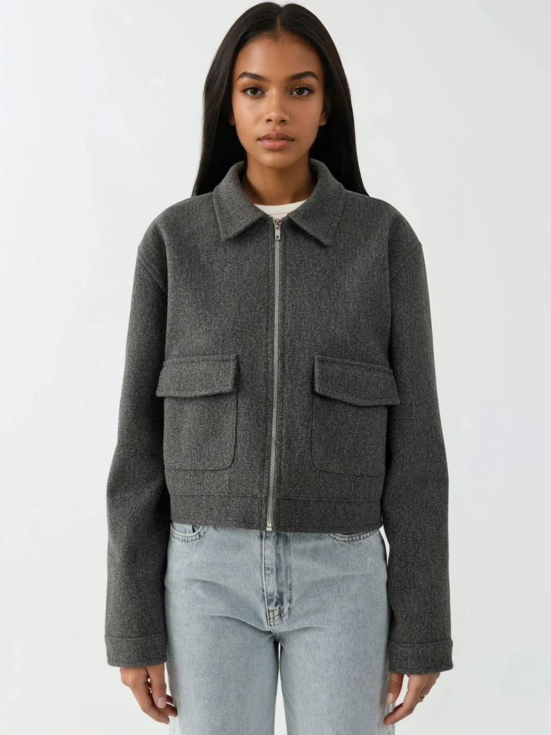 Hiccup Dark Grey Textured Crop Jacket with Zipper for Women | Best Price UAE