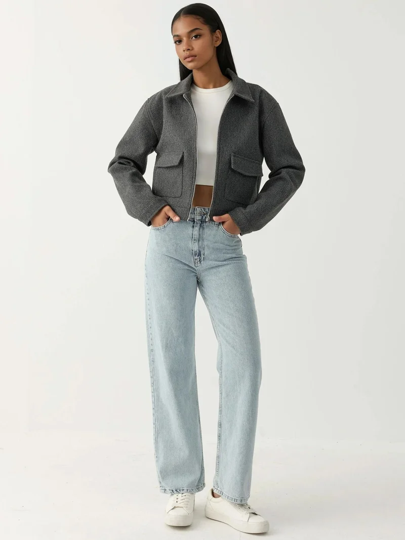 Hiccup Dark Grey Textured Crop Jacket with Zipper for Women | Best Price UAE