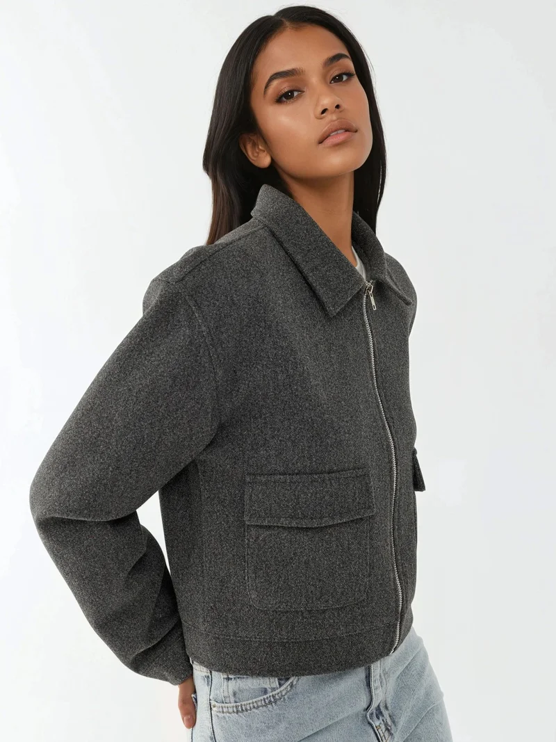 Hiccup Dark Grey Textured Crop Jacket with Zipper for Women | Best Price UAE