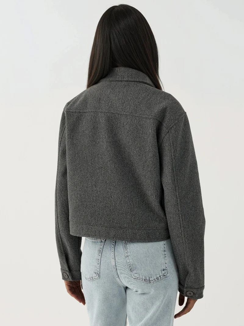Hiccup Dark Grey Textured Crop Jacket with Zipper for Women | Best Price UAE