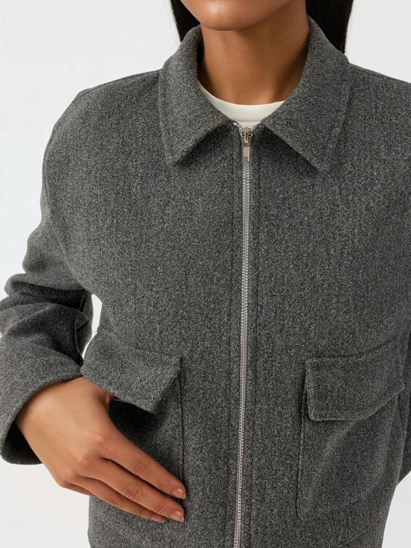Hiccup Dark Grey Textured Crop Jacket with Zipper for Women | Best Price UAE