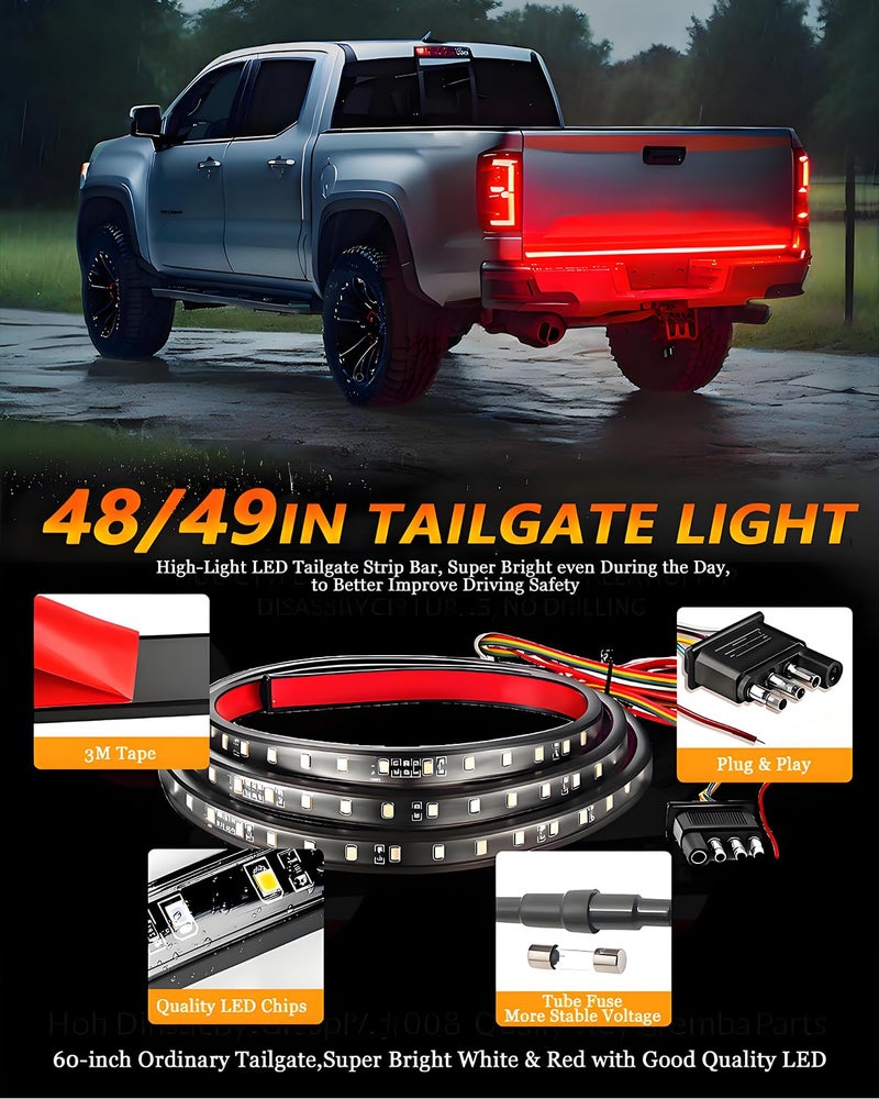 Qasim 48/49inch LED Truck Tailgate Light Strip 5 Function Red/White for Tail Running Brake Light Turn Signal Emergency Warning Reverse Light for Pickup SUV Trailer Cargo - Image 2