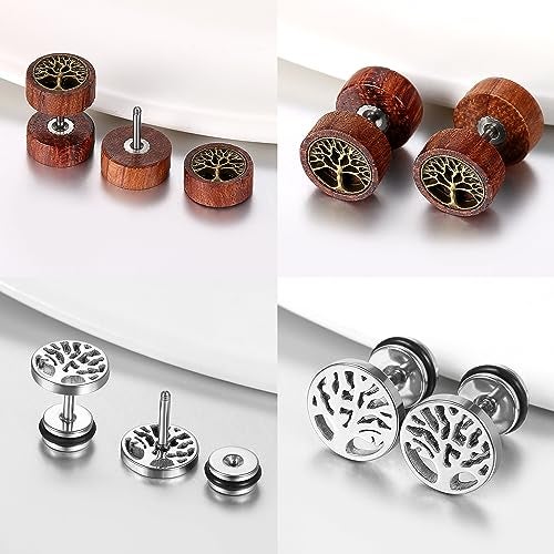 Cupimatch Womens Mens Earrings, 2 Pairs Stainless Steel Wood Tree Hoop Earrings Studs Set for Halloween - Image 4