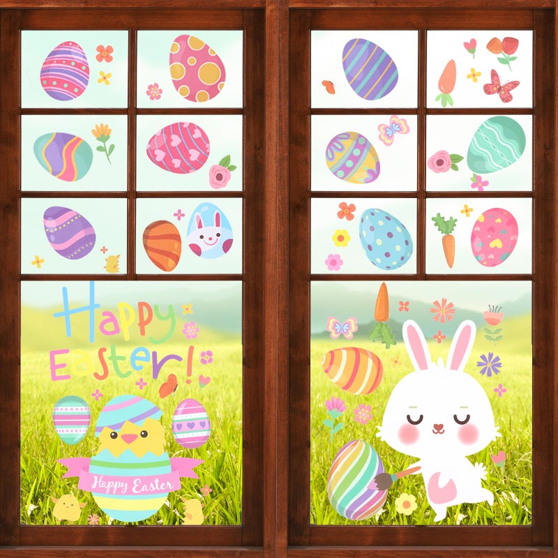 XIHIRCD 9 Sheets Easter Window Stickers, No-Adhesive Easter Window Clings Double-Sided Colorful Eggs Cute Carrot Bunny Cartoon Window Decals Wall Glass Stickers Decorations for Kids Room Holiday - Image 1