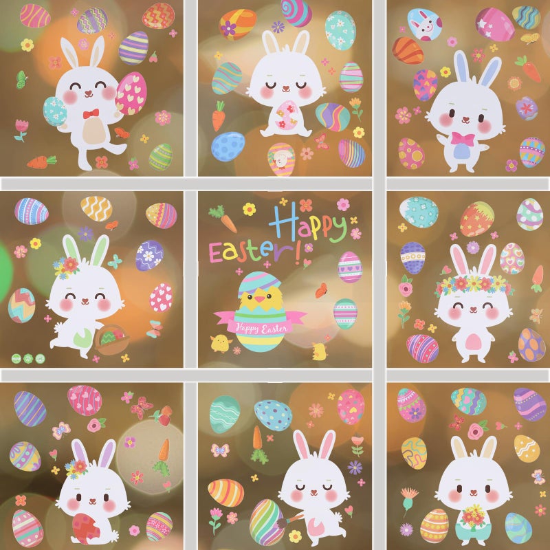 XIHIRCD 9 Sheets Easter Window Stickers, No-Adhesive Easter Window Clings Double-Sided Colorful Eggs Cute Carrot Bunny Cartoon Window Decals Wall Glass Stickers Decorations for Kids Room Holiday - Image 3