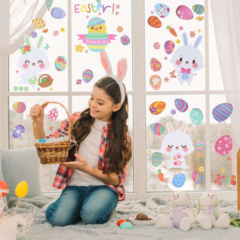 XIHIRCD 9 Sheets Easter Window Stickers, No-Adhesive Easter Window Clings Double-Sided Colorful Eggs Cute Carrot Bunny Cartoon Window Decals Wall Glass Stickers Decorations for Kids Room Holiday - Image 5
