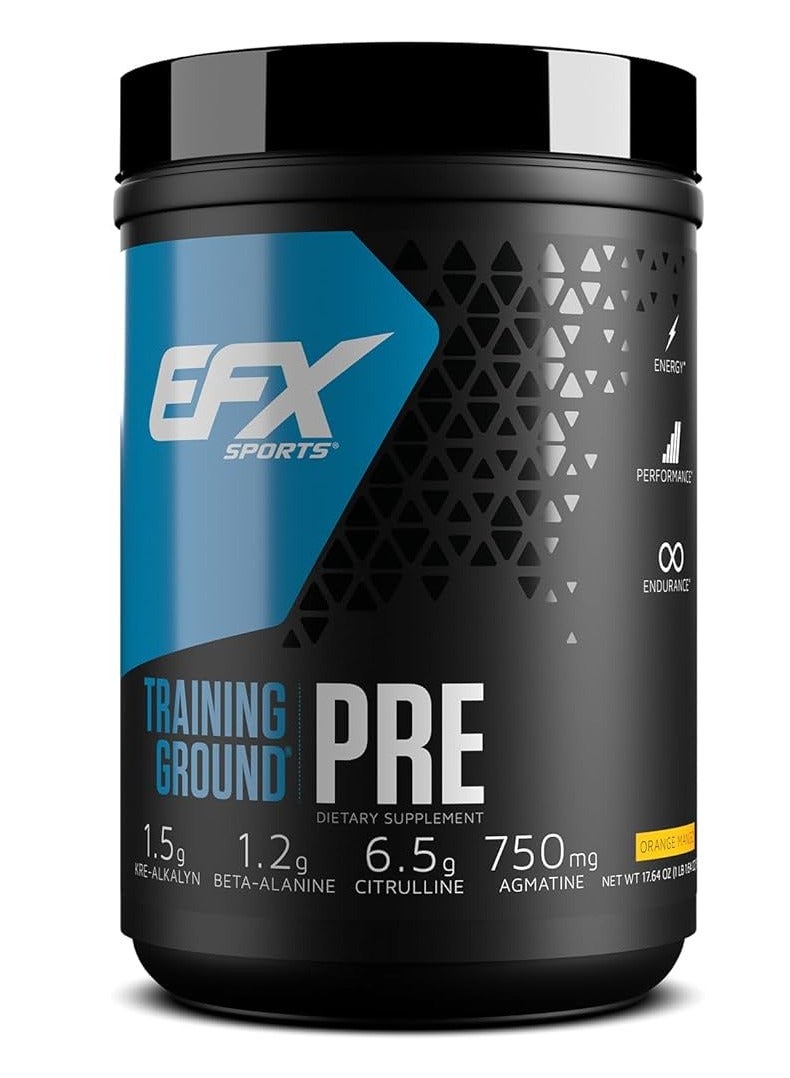 EFX SPORTS Training Ground Pre, Increase Focus, Endurance and Energy, Orange Mango Flavor 500g