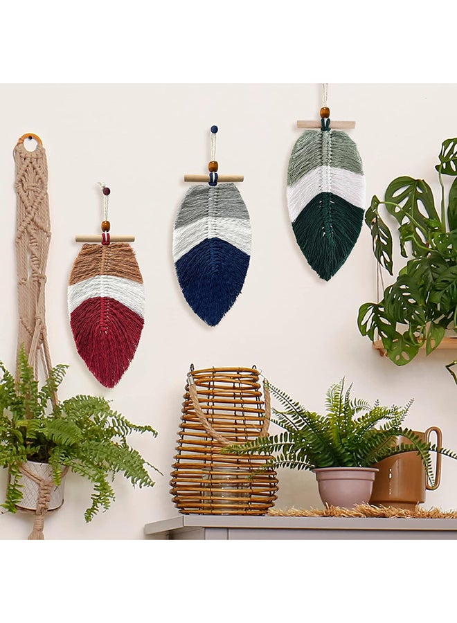 انتيكيانو زينة مكرمية معلقة على الحائط للديكور بتصميم اوراق وريش مع خرز خشب 3 قطع - Image 3