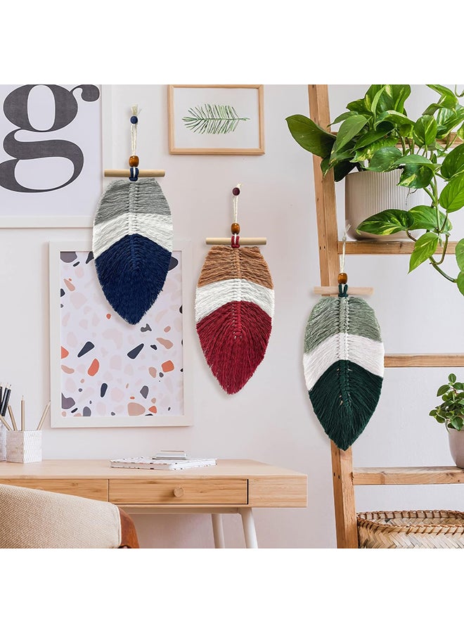 انتيكيانو زينة مكرمية معلقة على الحائط للديكور بتصميم اوراق وريش مع خرز خشب 3 قطع - Image 4