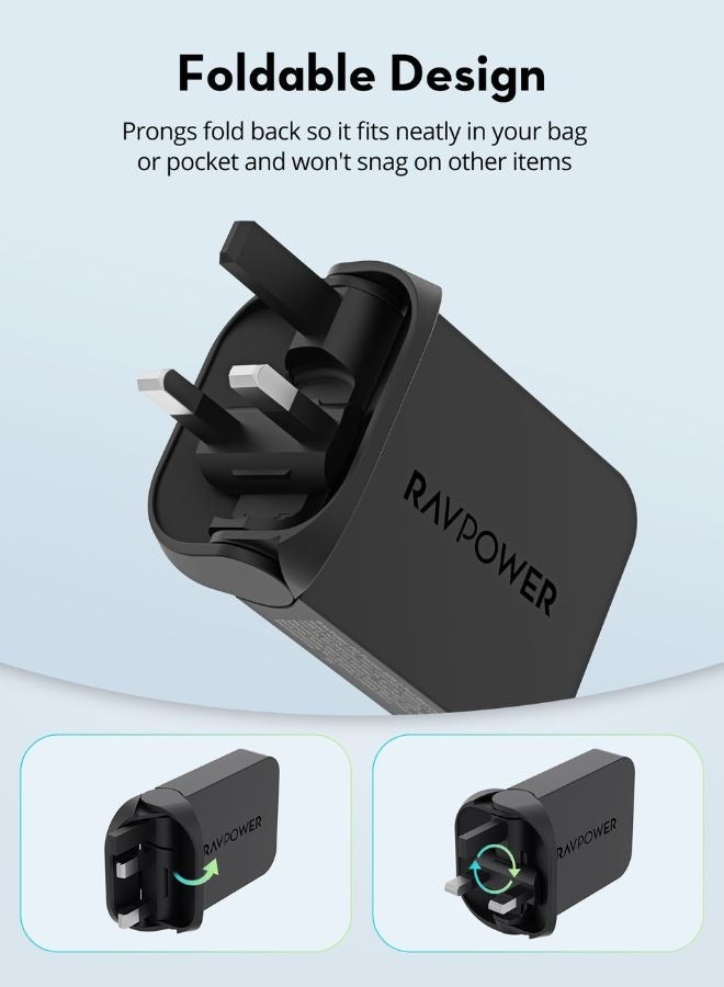 راف باور شاحن حائط PD Pioneer بقوة 65 واط و2 منفذ، تقنية GaN 5.0، تصميم قابل للطي ومضغوط، تقنية iSmart، حماية متعددة، نحيف جداً، متوافق مع iPad وiPhone وMacBook وPC1079 - Image 3