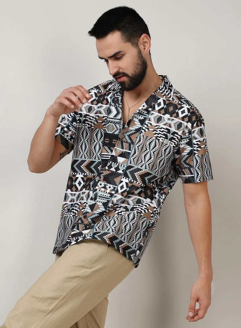 Campus Sutra Men's Mocha Brown & Sage Green Bohemian Shirt