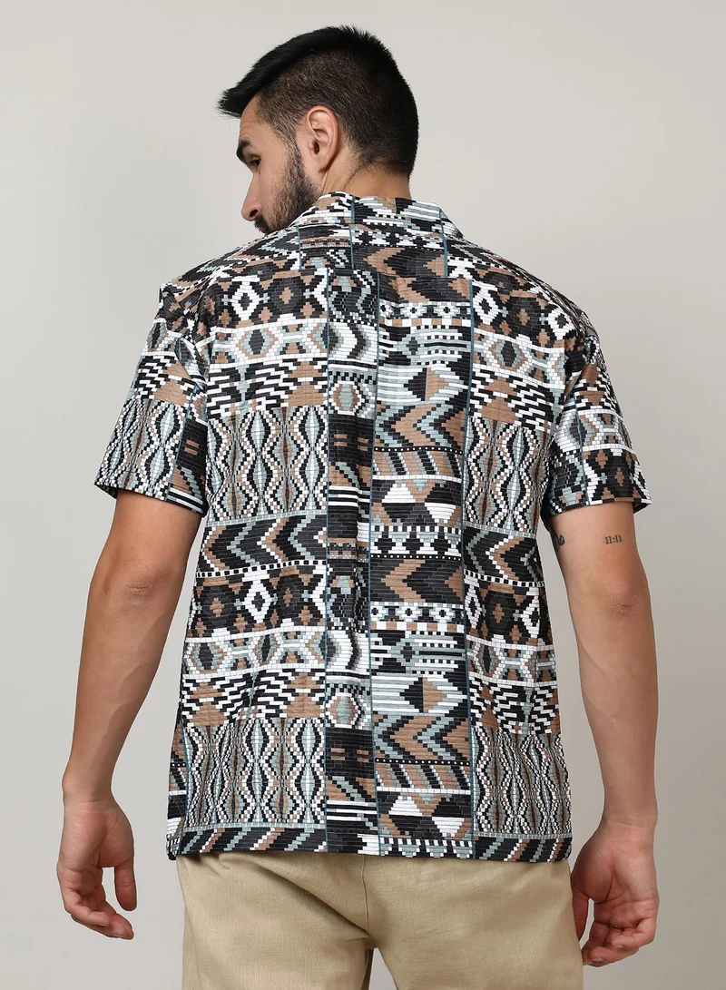 Campus Sutra Men's Mocha Brown & Sage Green Bohemian Shirt