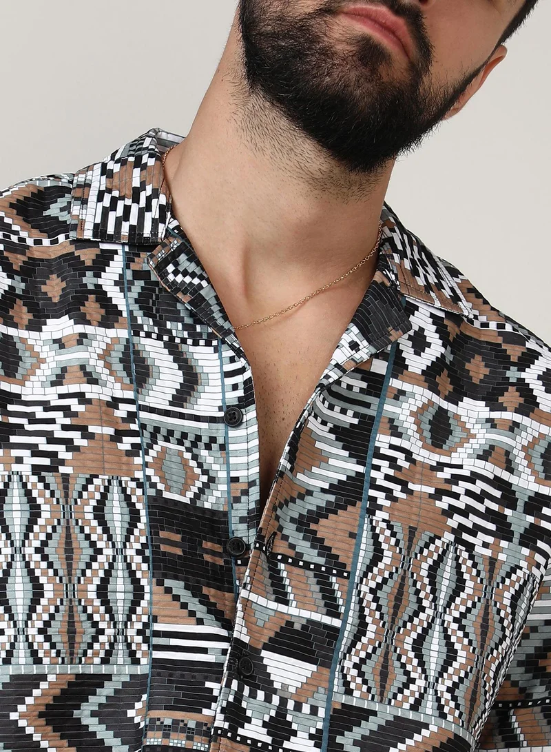 Campus Sutra Men's Mocha Brown & Sage Green Bohemian Shirt