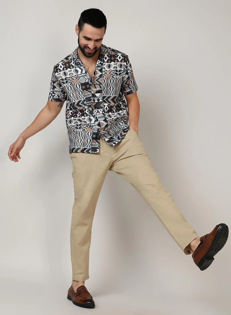 Campus Sutra Men's Mocha Brown & Sage Green Bohemian Shirt