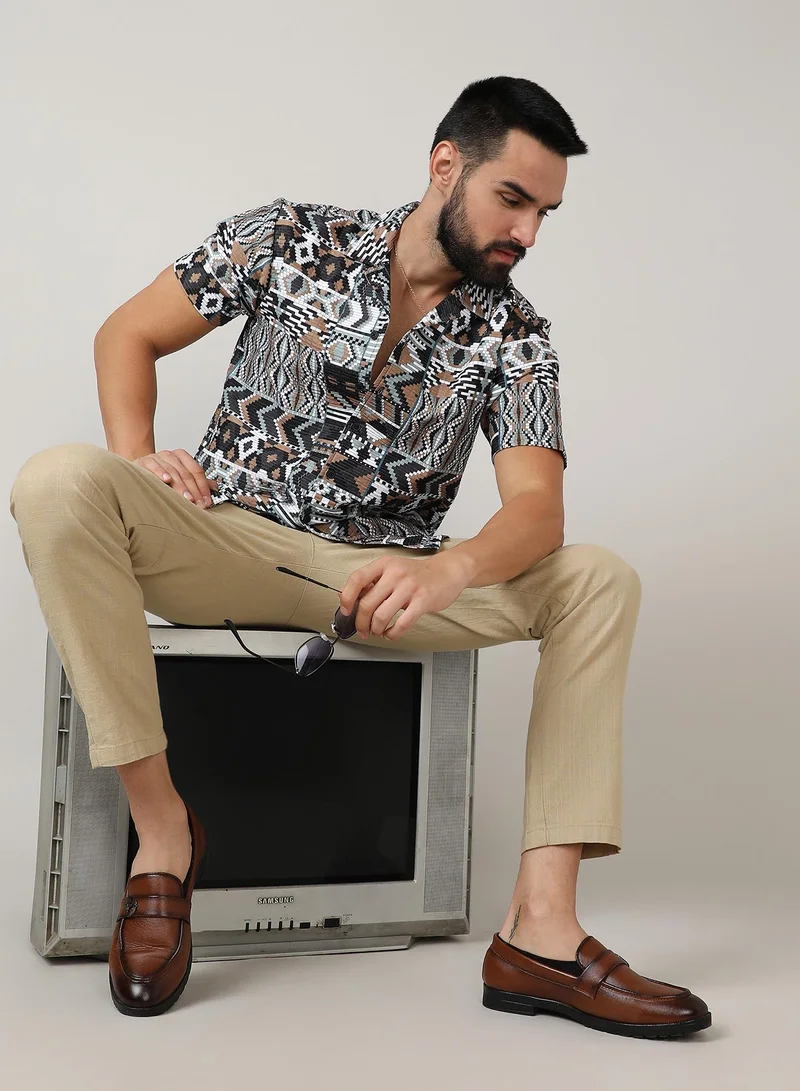 Campus Sutra Men's Mocha Brown & Sage Green Bohemian Shirt
