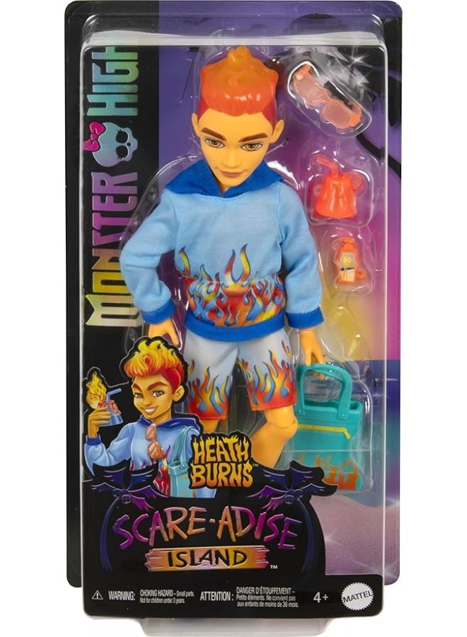 MONSTER HIGH Scare-Adise Island Heath Burns Doll With Flame Hoodie, Swim Trunks And Beach Accessories Like Sunglasses  - Image 1