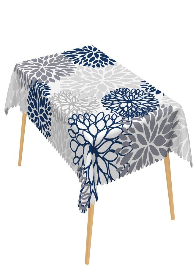 Laeacco 52x70 inch Abstract Floral Tablecloth Navy Blue Grey Dahlia Flowers Table Cloth Geometric Modern Art Rectangle Tablecloth Washable Wrinkle Free Table Cover for Kitchen Dining Room Home Decor - Image 2