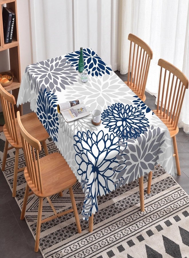 Laeacco 52x70 inch Abstract Floral Tablecloth Navy Blue Grey Dahlia Flowers Table Cloth Geometric Modern Art Rectangle Tablecloth Washable Wrinkle Free Table Cover for Kitchen Dining Room Home Decor - Image 3