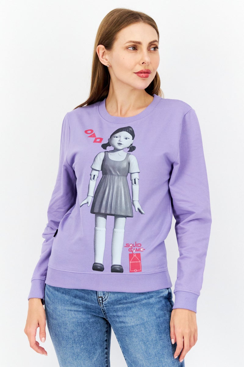 NETFLIX Women Squid Game Crew Neck Long Sleeve Graphic Print Sweatshirt, Purple - Image 1