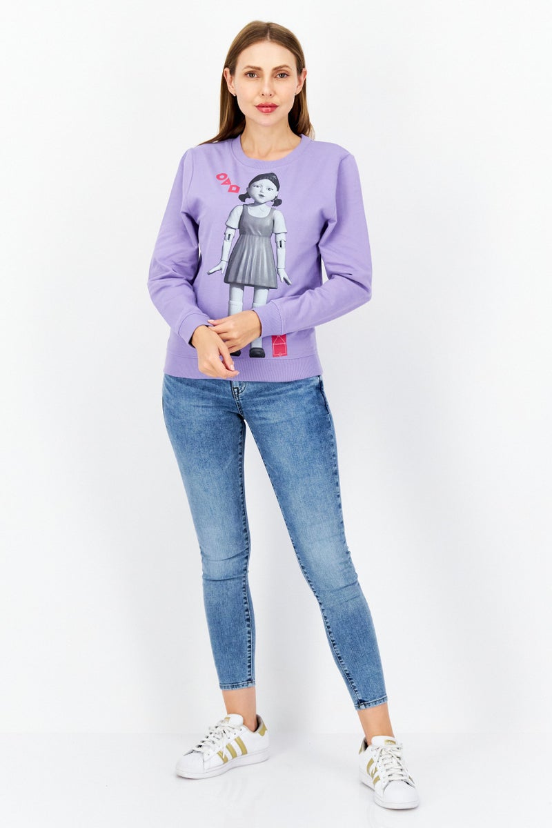 NETFLIX Women Squid Game Crew Neck Long Sleeve Graphic Print Sweatshirt, Purple - Image 3