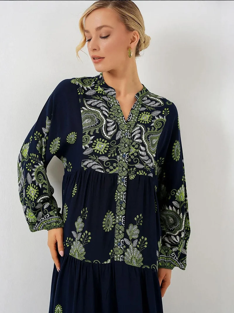 BIG DART BDART Patterned V-Neck Maxi Dress with Button Closure