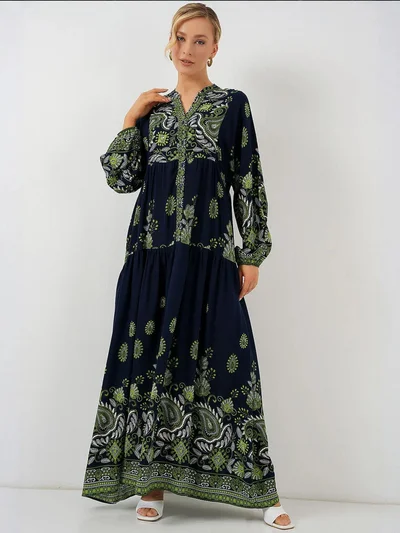 BIG DART BDART Patterned V-Neck Maxi Dress with Button Closure