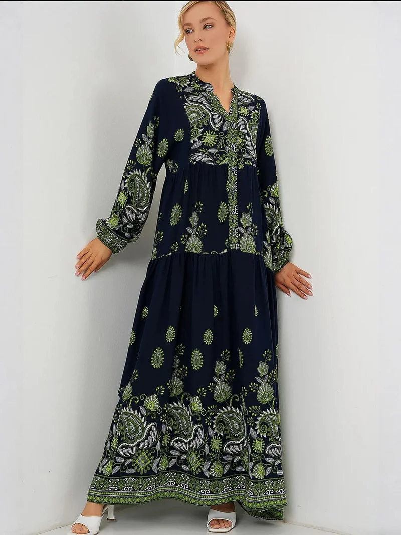 BIG DART BDART Patterned V-Neck Maxi Dress with Button Closure