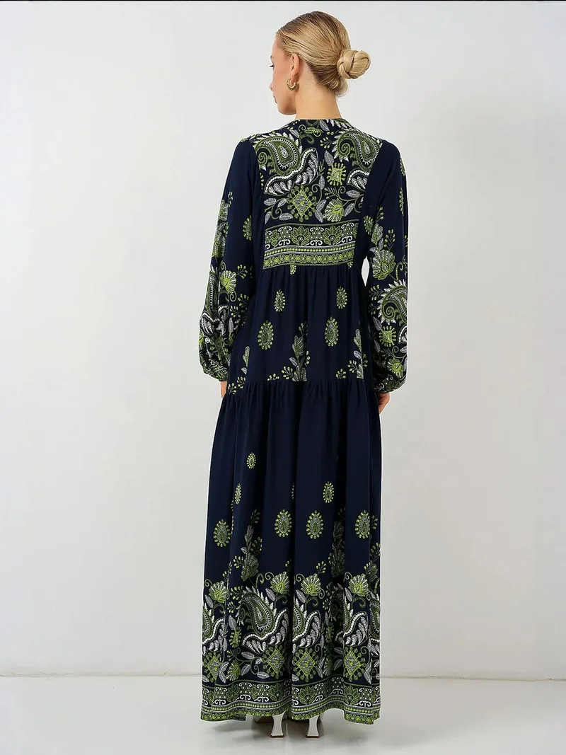 BIG DART BDART Patterned V-Neck Maxi Dress with Button Closure