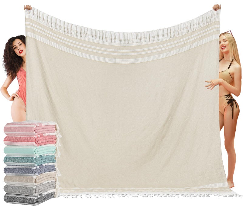 Vikumond Oversized Turkish Beach Towel Blanket Cotton Polyester Blend Sandproof Towels Boho Woven Extra Large Big Sand Free Giant Throw Blankets Huge Picnic Camping Necessities Cloud For Adult Gifts 82x80 inch - Image 1