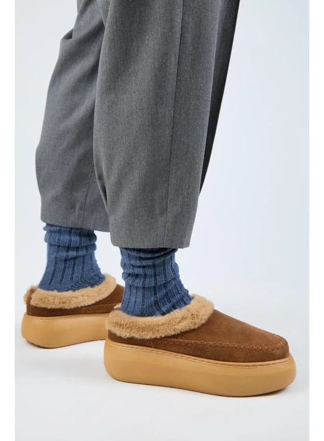 (Fur‑Trimmed) Women's Genuine Leather Suede Fur Platform Taba Sandal.