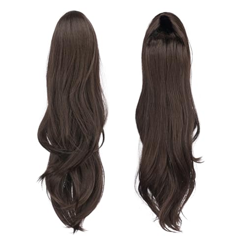 FESHFEN Drawstring Ponytail Extension Natural Long Wavy Layered Synthetic Pony Tails Dark Brown Hair Extensions Hairpieces for Women 20 inch - Image 3