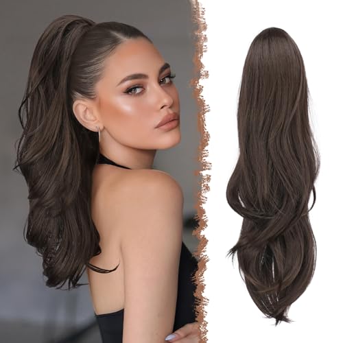 FESHFEN Drawstring Ponytail Extension Natural Long Wavy Layered Synthetic Pony Tails Dark Brown Hair Extensions Hairpieces for Women 20 inch - Image 1
