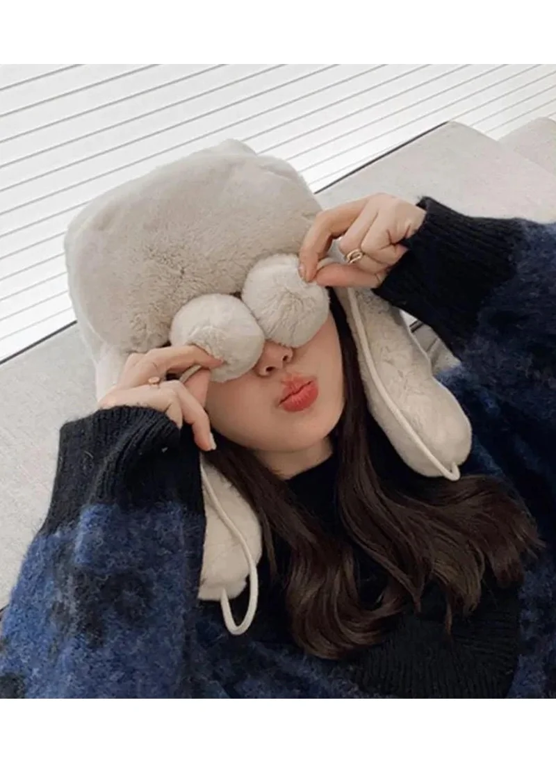 Bahels Beige Plush Eared Pompom Beret Pilot Hat